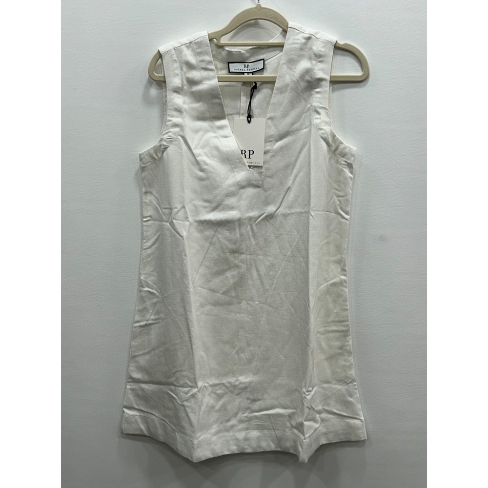 NWT Rachel Parcell Womens White Stylish Linen Blend V-Neck Shift Dress Size XS